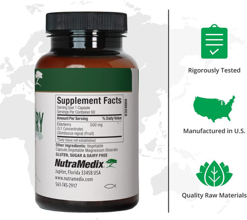NutraMedix Elderberry Antioxidants Supplement Capsules 500mg - Elderberry Extract to Promote a Healthy Inflammatory Response, Daily Immune Support, and Bowel Health (60 Capsules)