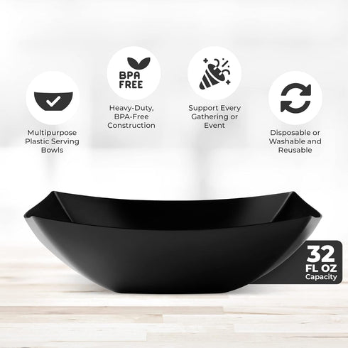 Posh Setting Square Plastic Serving Bowls, Medium Black, Disposable for Salad, Party, Snack, Buffet, 4 Pack
