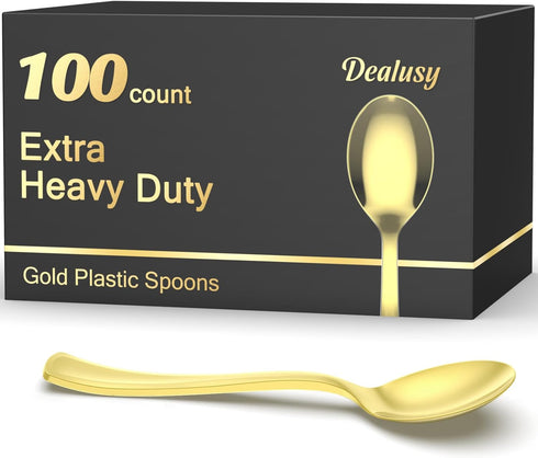 100 Count Heavy Duty Gold Plastic Spoons, BPA-Free, Heat Resistant, Premium Disposable Spoons for Party Supply