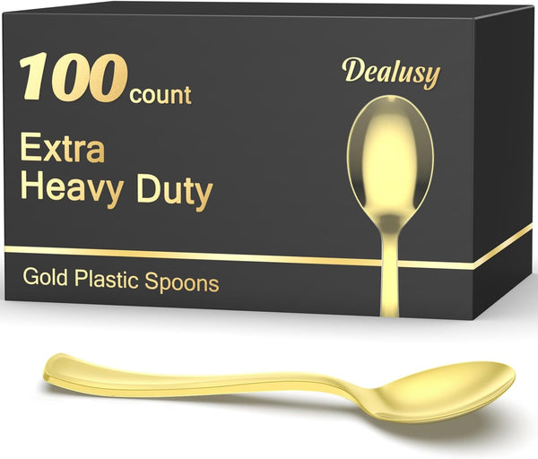 100 Count Heavy Duty Gold Plastic Spoons, BPA-Free, Heat Resistant, Premium Disposable Spoons for Party Supply