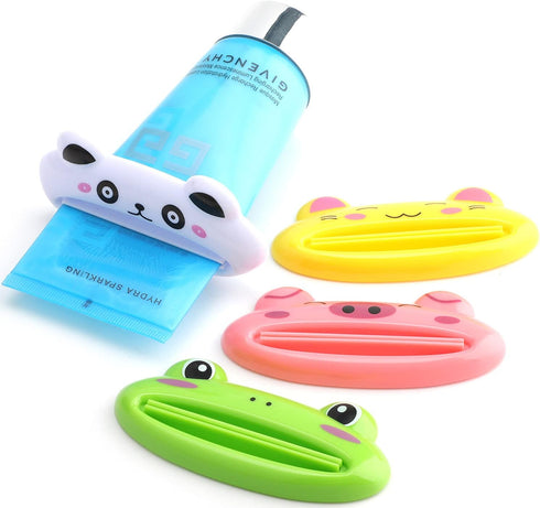 Pasow Cartoon Animal Toothpaste Cream Squeezers - Pack of 4 Mix Designs (Frog, Cat, Panda, Pig)