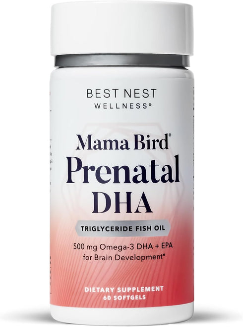 Best Nest Wellness Mama Bird Prenatal DHA Vitamin, 500 mg Triglyceride Fish Oil, Easy to Swallow Lemon Flavor, 60 Ct