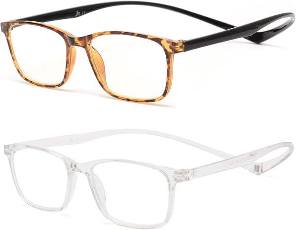 JM 2 Pack Magnetic Reading Glasses for Men Women, Hang Neck Blue Light Blocking Computer Readers Tortoise & Clear +2.0