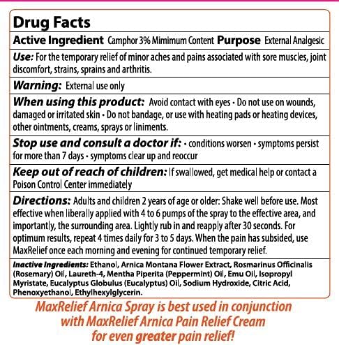 MaxRelief Arnica Pain Relief Spray - Fast-Acting Muscle & Joint Pain Relief - Natural Formula - Travel Size - 2 Oz