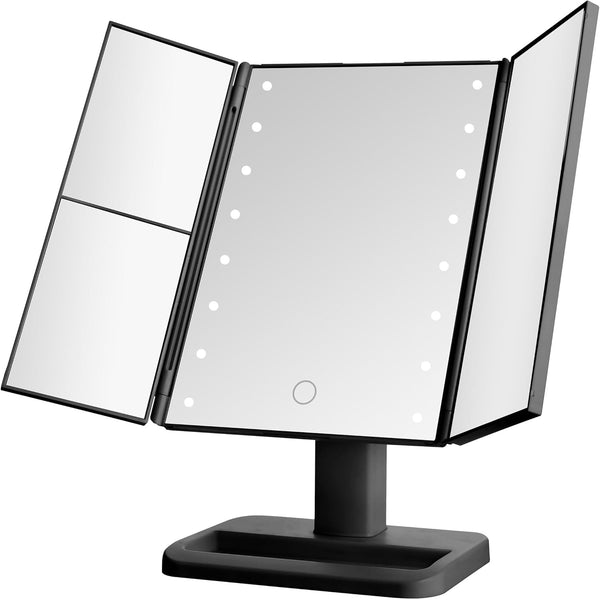 MELANNCO Black Tri Fold LED Vanity Mirror, 3 Magnifications, Dimmable LED Lights, Touch Control Makeup Mirror