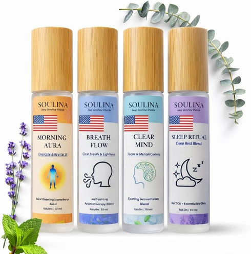 Soulina Set of 4 Essential Oil Roller Sleep, Energy, Breath & Focus