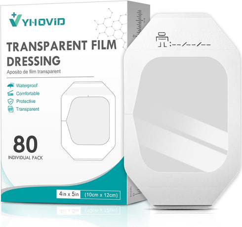 YHOVID Transparent Film Dressing 4" x 4.75" Box of 80 - Waterproof Bandages