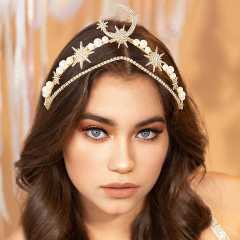 Yean Moon Star Wedding Headband Gold Rhinestone Pearl Headpiece Crystal Bridal Hair Accessories for Women and Girls