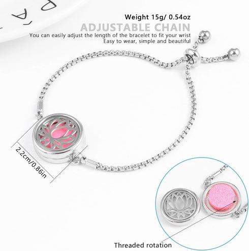 YWLI 10 Essential Oil Diffuser Bracelet Aromatherapy Locket Adjustable Stainless Steel Lotus Bracelet with Pcs Refill