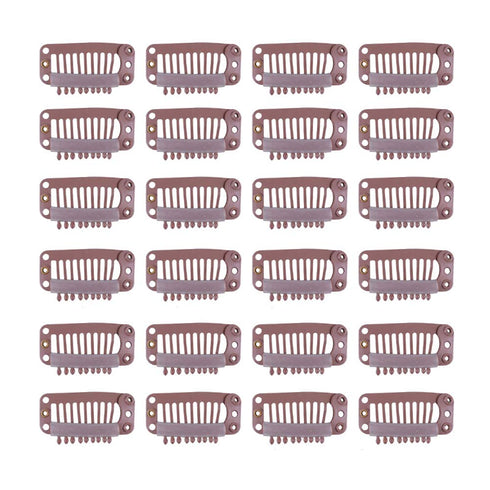 YANTAISIYU 24 pcs/lot 32mm 9-teeth Metal Hair Clip with Rubber Snap Clips for Hairpiece Wig Accessories (Light Brown)