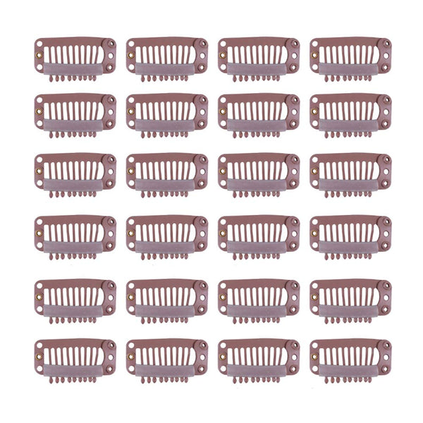YANTAISIYU 24 pcs/lot 32mm 9-teeth Metal Hair Clip with Rubber Snap Clips for Hairpiece Wig Accessories (Light Brown)