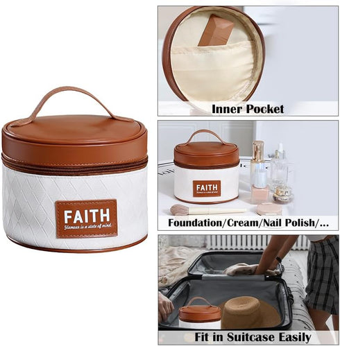 Round Makeup Bag, Compact Travel Case for Skincare & Cosmetics, Diamond Texture with Wide Handle (Brown)