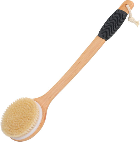 OWIIZI Round Head Back Scrub Brush for Body Shower, Wooden Long Handle, Skin Exfoliator Scrubber for Wet or Dry Use