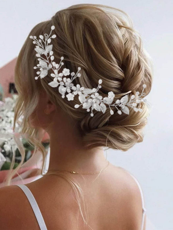 Yean Pearl Wedding Headband, Silver Flower Bridal Hair Accessories, Leaf Hair Piece for Women and Girls