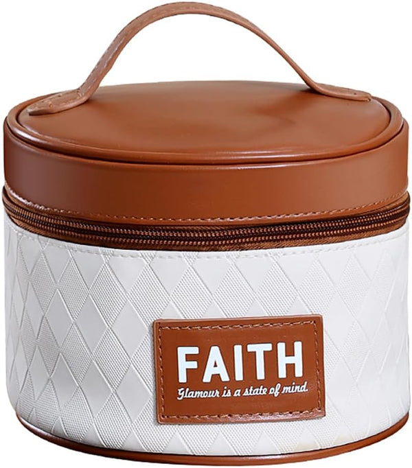 Round Makeup Bag, Compact Travel Case for Skincare & Cosmetics, Diamond Texture with Wide Handle (Brown)