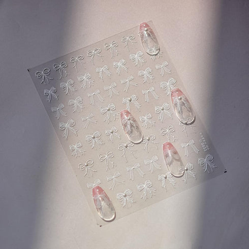 5D Embossed White Lace Bowknot Nail Art Stickers, Pearl Bow Nail Decals for Retro Nail Art Supplies