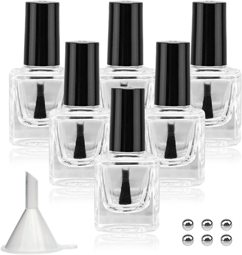 6PCS Empty Nail Polish Bottles with Funnel, Glass Rectangle with Brush & Mixing Balls (10ML, Black)