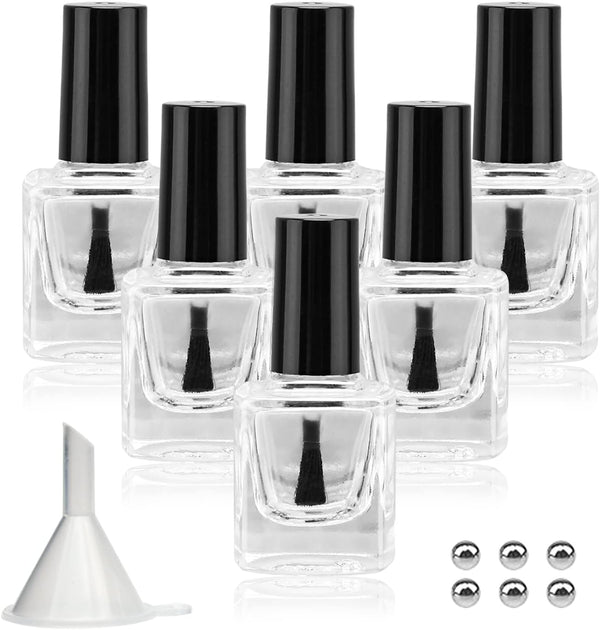 6PCS Empty Nail Polish Bottles with Funnel, Glass Rectangle with Brush & Mixing Balls (10ML, Black)