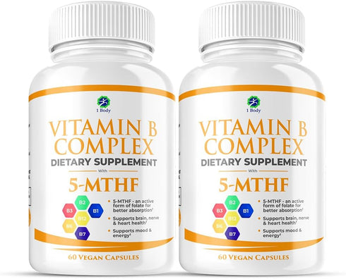 1 Body Vitamin B Complex Twin Pack – 5-MTHF Folate with B1, B2, B5, B6, Methyl B12, Niacin, Biotin – 60 Capsules Each.
