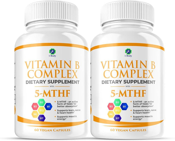 1 Body Vitamin B Complex Twin Pack – 5-MTHF Folate with B1, B2, B5, B6, Methyl B12, Niacin, Biotin – 60 Capsules Each.