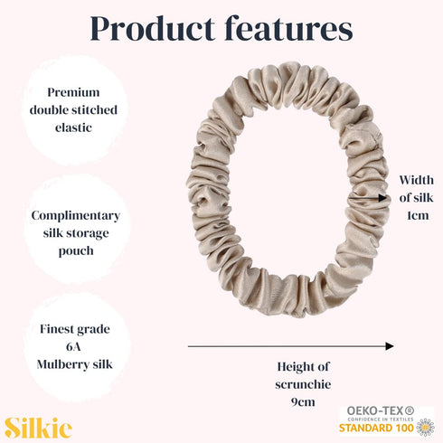 SILKIE x4 Set - Better than Satin - 100% Pure Mulberry Silk Black Skinny Scrunchies Hair Ties