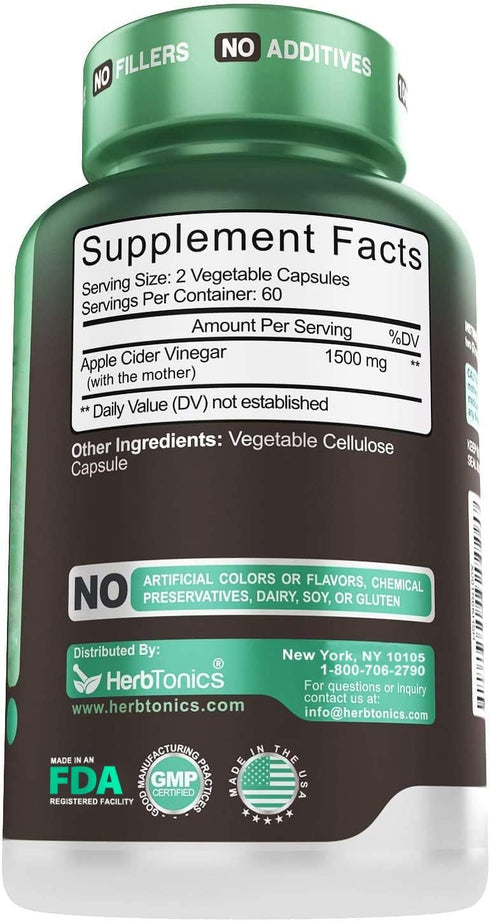 Herbtonics Raw Apple Cider Vinegar Capsules 1500mg with Mother | Detox, Digestion & Weight Management Formula with
