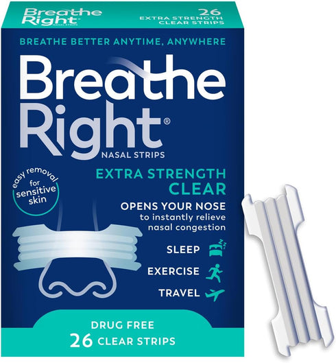 Breathe Right Extra Strength Nasal Strips | Clear | 26 Count | For Sensitive Skin | Drug-Free Snoring Solution