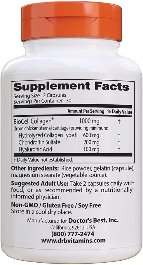 Doctor's Best Hyaluronic Acid with Chondroitin Sulfate, Non-GMO, Gluten Free, Soy Free, Joint Support, 60 Caps