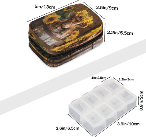 Skerhhux 7 Animal Flower Highland Cow Pill Case Travel Pill Organizer Weekly Day Portable with Zipper Medicine Box Pill