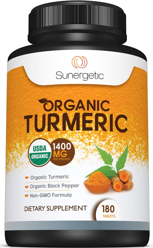 Sunergetic USDA Certified Organic Turmeric Supplement – 1,400mg of Turmeric per Serving with Organic Black Pepper - 180