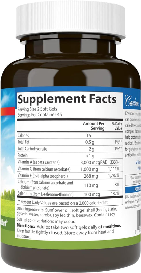 Carlson - ACES Vitamins A, C, E + Selenium, Cellular Health & Immune Support, Antioxidant, 90 Softgels