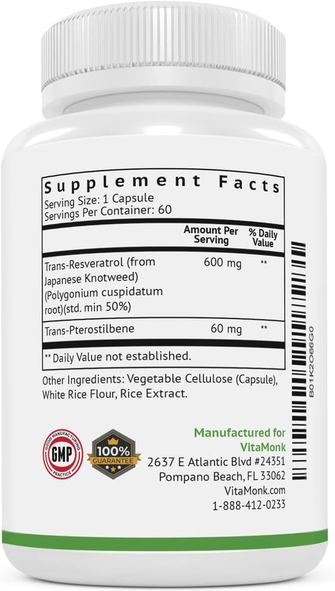 VitaMonk Resveratrol with Pterostilbene, 60 Capsules, 600mg/60mg, Healthy Aging & Longevity Supplement, No Artificial