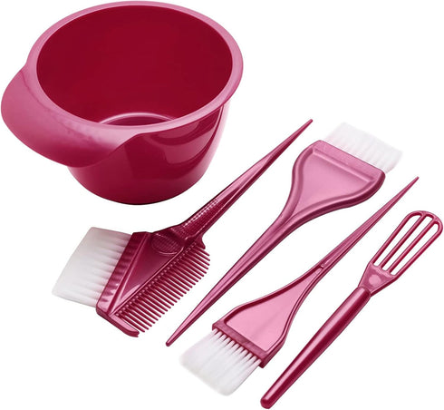 Premium Salon Hair Dye Kit, 5 Pack - Hair Coloring Brush and Bowl Set for DIY Hair Dyeing (Purplish Red)