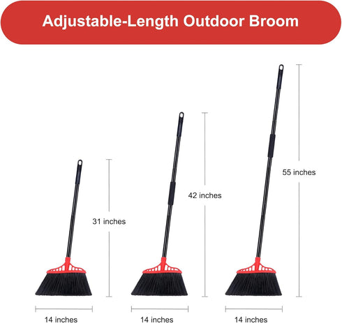 Heavy Duty Broom with 55" Long Handle - Black and Red Angle Broom for Indoor, Outdoor, Kitchen
