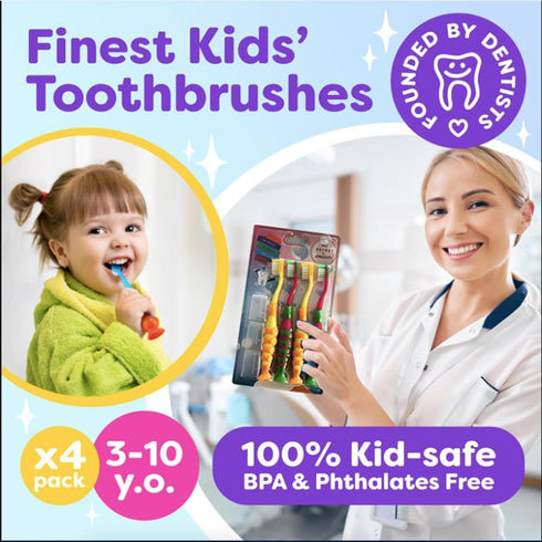 Secret for Longevity 4-Pack Kids Toothbrush Set, Child Sized Brush Heads (3-8 Year Old), Extra Soft Bristle, BPA Free