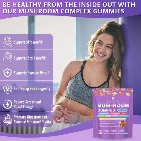 TWOHHACC Gummies Immune, Mushroom Supplement with Ashwagandha and Lions Mane, Maitake, Turkey Tail, Reishi, Chaga