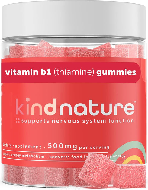 Kind Nature Vitamin B1 Gummies, Chewable Thiamine 500mg per Serving, Non-GMO, Vegan, Natural Strawberry Flavor