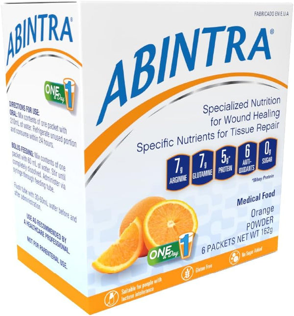 ABINTRA Specialized Wound Healing Nutritional Supplement, 6 Packets, 27g Each, Orange Flavor, Includes L-Arginine &