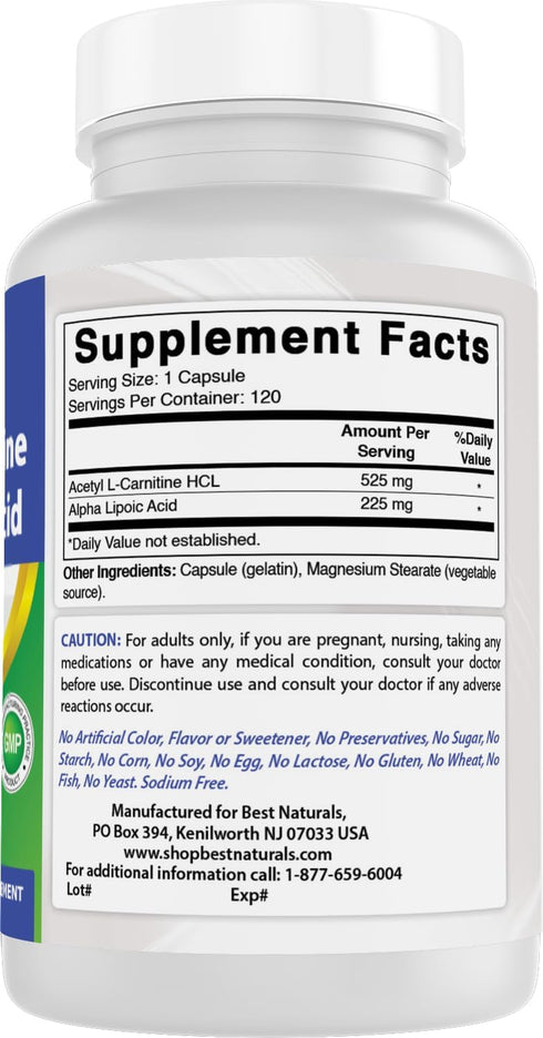 Best Naturals Acetyl L-Carnitine and Alpha Lipoic Acid, 750 mg, 120 Capsules