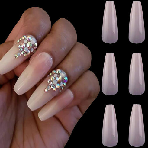 LuckForever 500pc Painted Coffin Press on Nails, Full Cover Beige Nude False Nails, Ballerina Shaped Acrylic Nail Tips