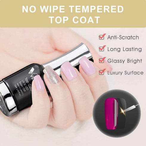 VENALISA 12ML No Wipe Tempered Top Coat, Scratch Resistant High Gloss Soak Off Clear Gel Nail Polish 0.43 OZ