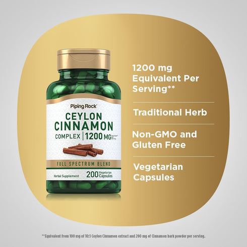 Piping Rock Ceylon Cinnamon Complex Capsules 1200 mg | 200 Count | Herbal Supplement | Vegetarian, Non-GMO