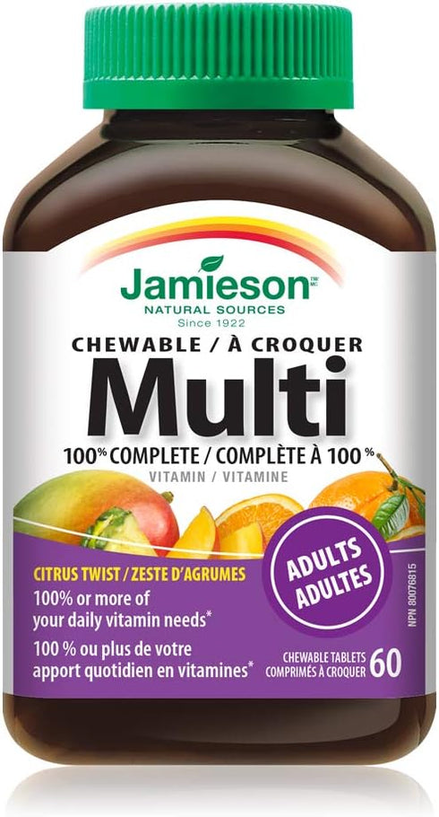 Jamieson 100% Complete Chewable Multivitamin for Adults, Citrus Twist, 60 Chewable Tablets
