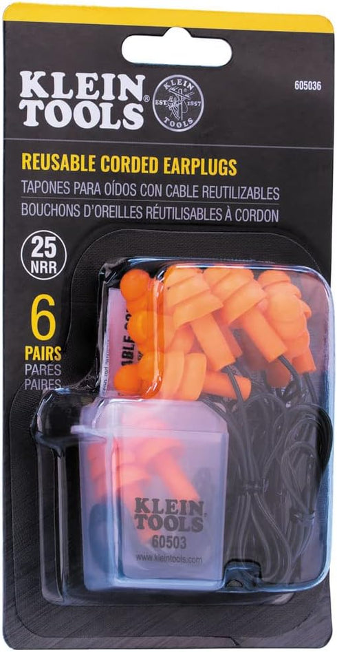 Klein Tools 605036 Corded Earplugs, 25dB NRR, Reusable Orange Earplugs, 6-Pack with Case for Industrial Use