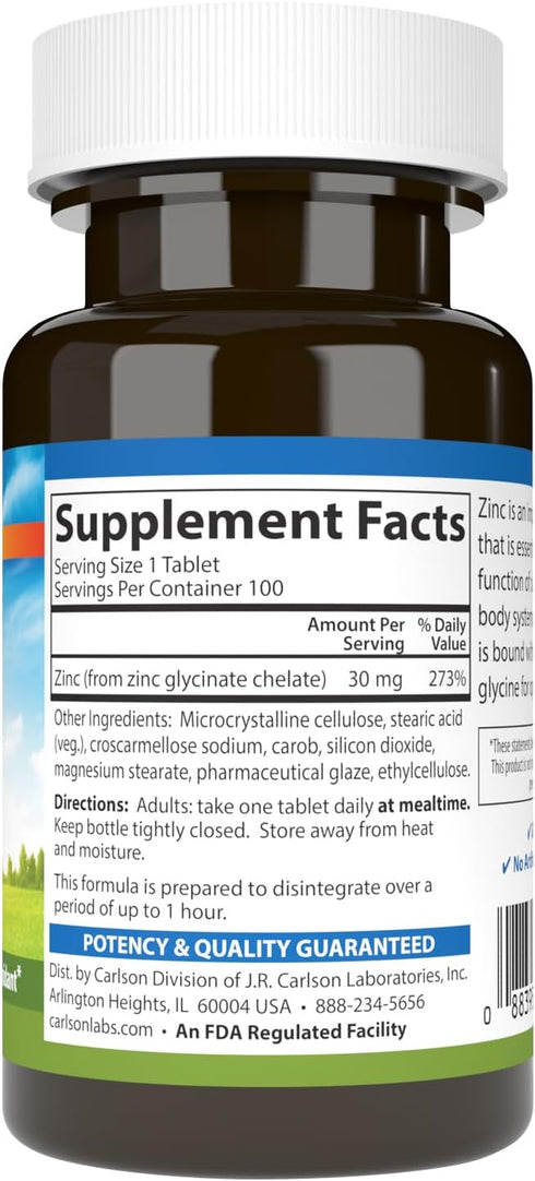 Carlson - Chelated Zinc, 30 mg - Superior Absorption, Immune Support & Enzyme Function, Antioxidant, 100 tablets