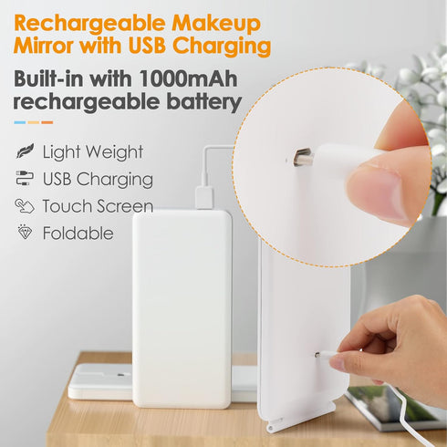 Rechargeable Travel Makeup Mirror, 72 LED Lighted Compact Slim Vanity Mirror with 3 Dimmable Lighting Modes