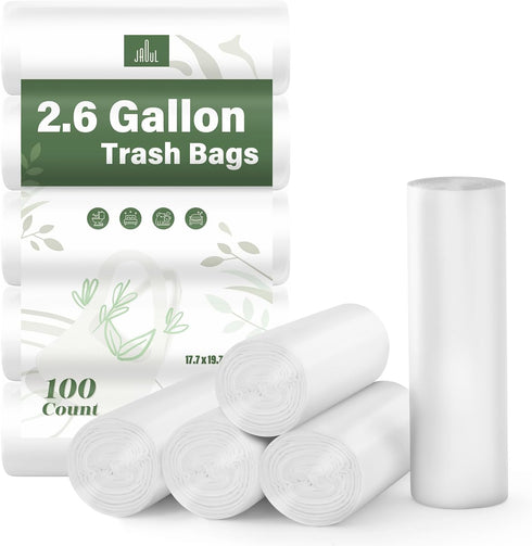 Jaoul Small Garbage Bags, 2.6 Gallon, 100 Counts, Tear & Leak Resistant Bathroom Trash Can Liners, White