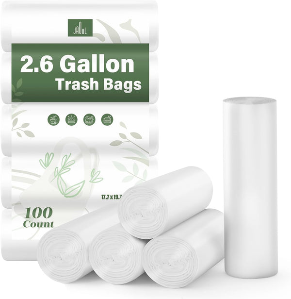 Jaoul Small Garbage Bags, 2.6 Gallon, 100 Counts, Tear & Leak Resistant Bathroom Trash Can Liners, White