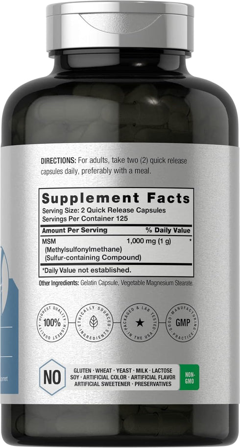 Horbaeach MSM Supplement Capsules | 1000mg | 250 Count | Non-GMO and Gluten Free Formula | Methylsulfonylmethane