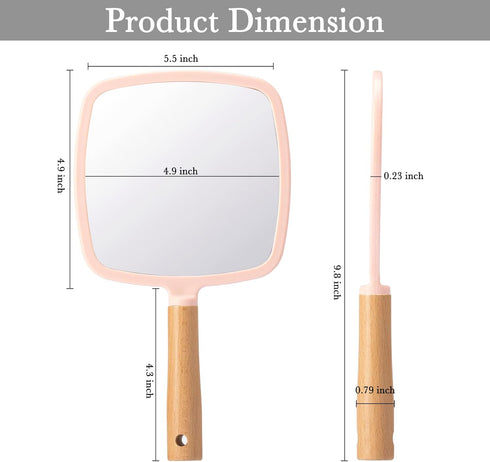 YEAKE Hand Held Mirror with Handle, Small Cute Wood Mirror for Shaving, Portable Travel Vanity (Square, Pink, 1Pack)